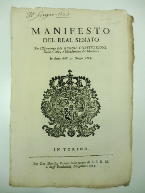 Manifesto del Real Senato per l'osservanza delle Regie costituzioni della città e mandamento del Mondovì. In data delli 30 giugno 1723